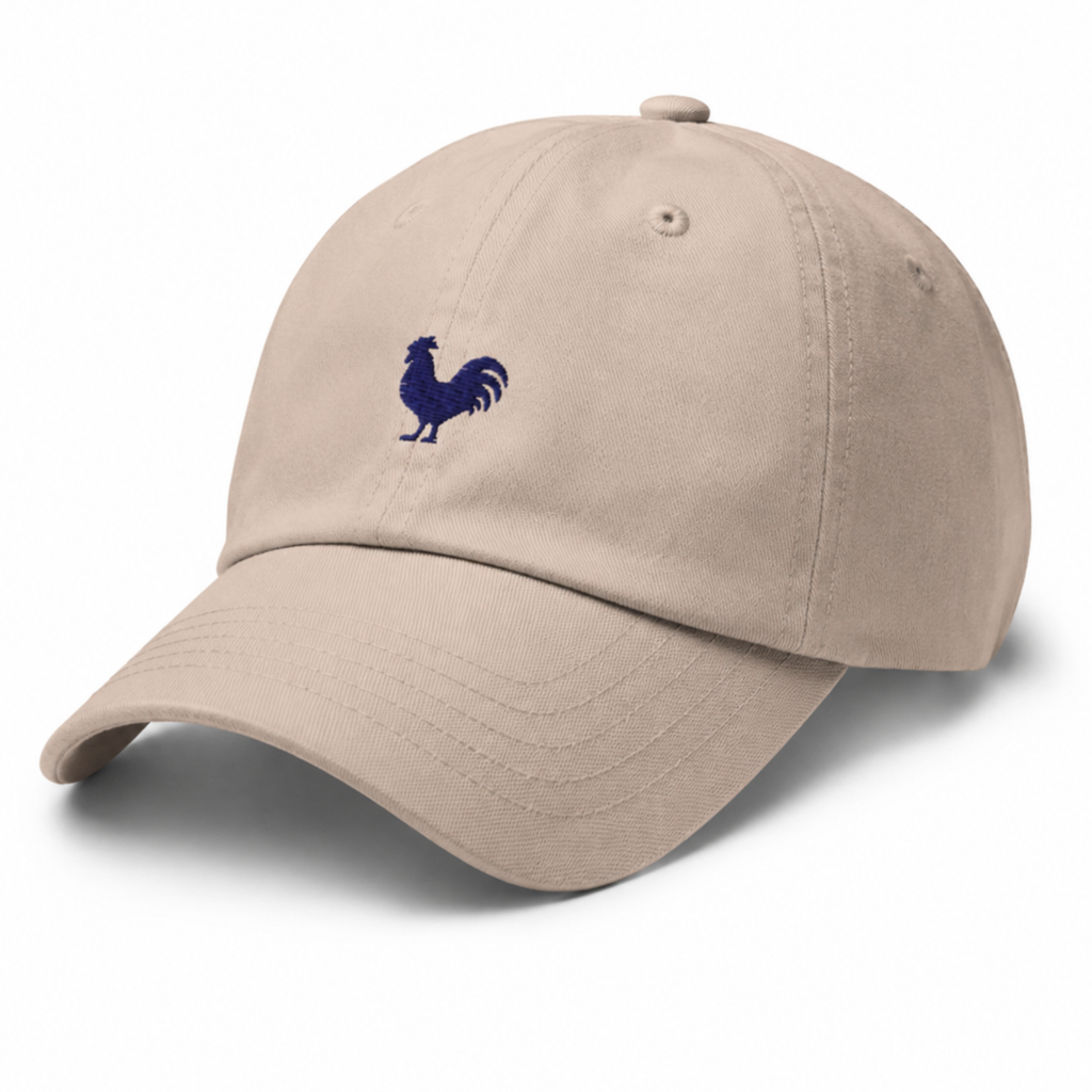 Key West Rooster embroidered dad hat in stone chino twill front view minimalist navy rooster icon Trini Skies Destination Collection