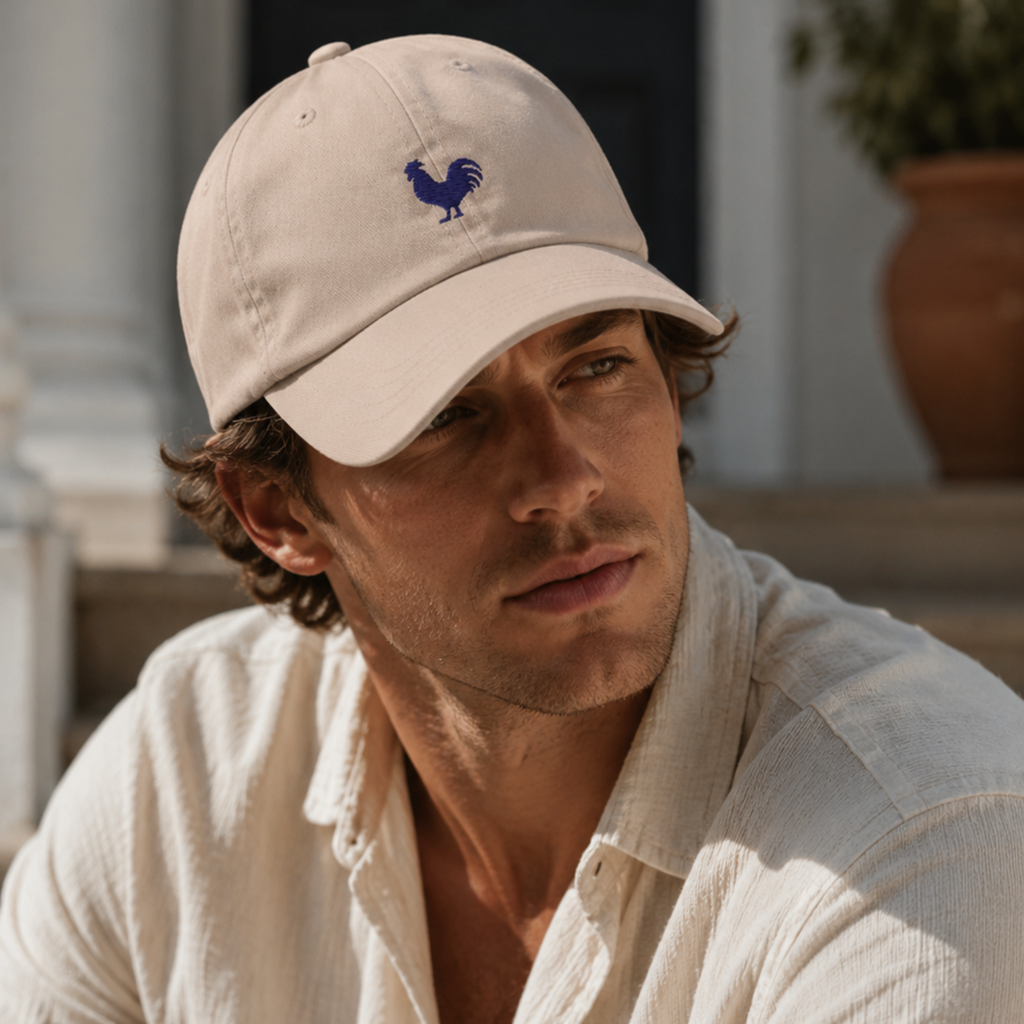 Man wearing Key West Rooster embroidered chino twill dad hat coastal lifestyle Trini Skies