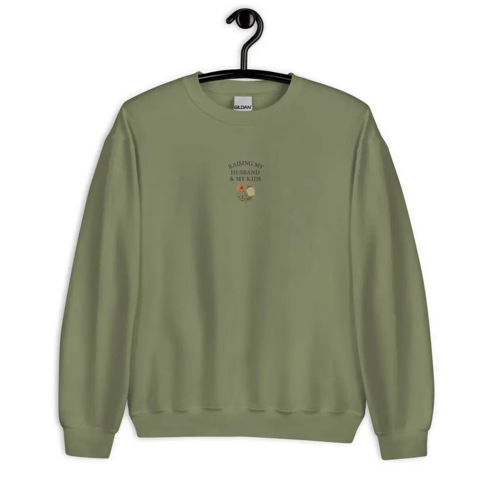 Olive green Trini Skies sweatshirt with embroidered kids mothers day design