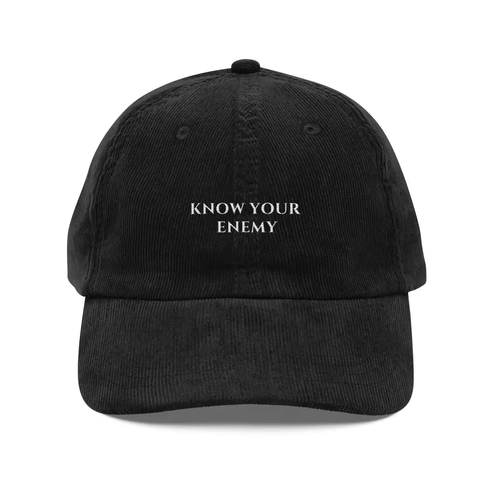 Trini Skies black premium corduroy baseball cap with KNOW YOUR ENEMY embroidery