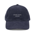 Trini Skies Navy Blue Premium Corduroy Hat with KNOW YOUR ENEMY Embroidery