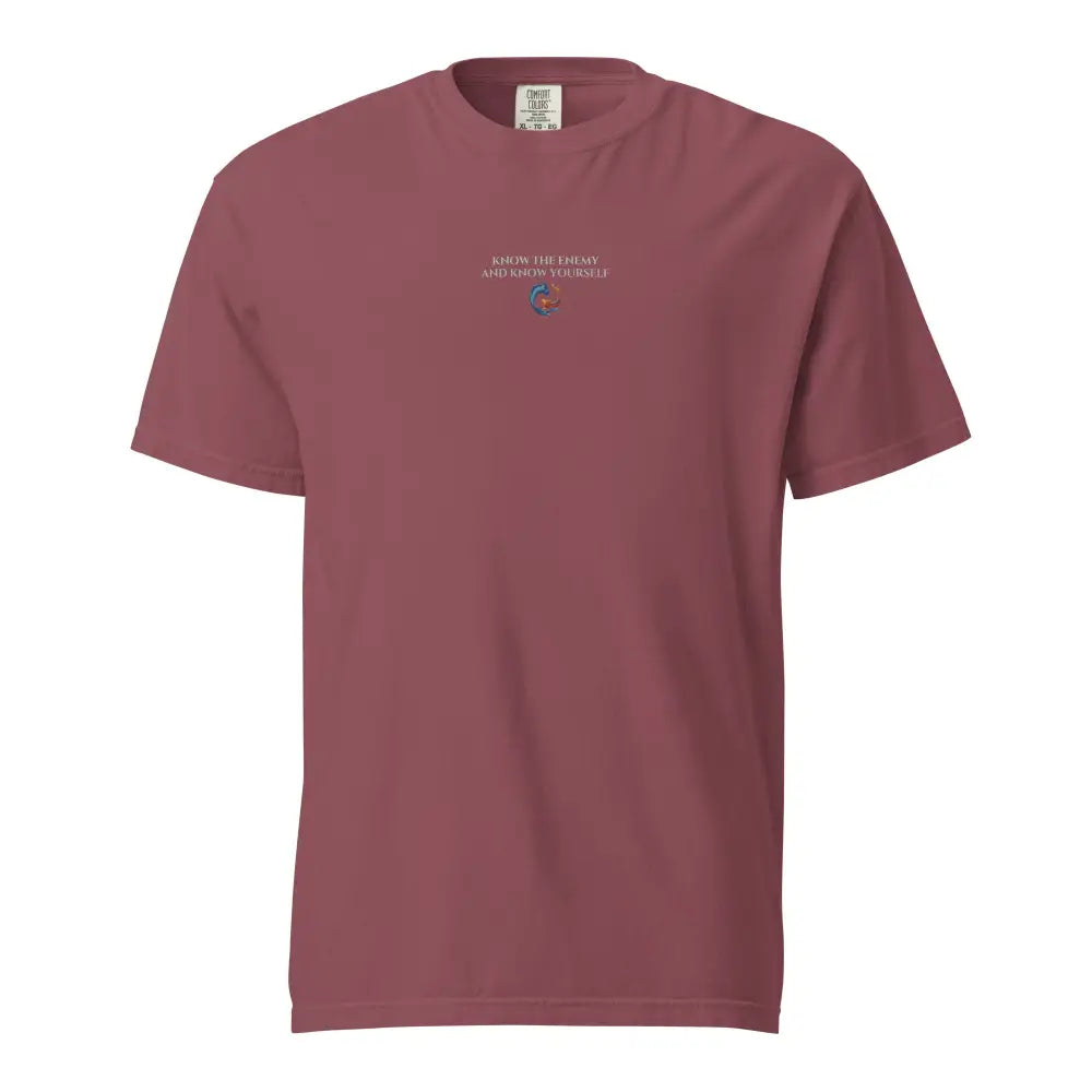 Maroon short-sleeve tee with bold koi yin yang design
