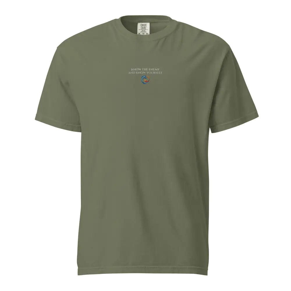 Olive green short-sleeve tee with bold koi yin yang design