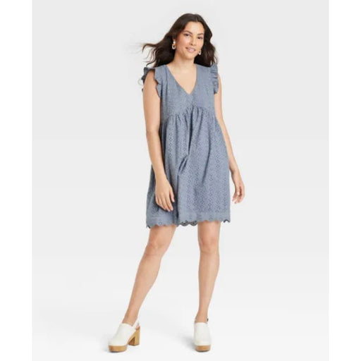 Knox Rose Medium / Blue Knox Rose Ruffle Short-Sleeve A-Line Dress Steel Shore Gray Size Medium wom 208