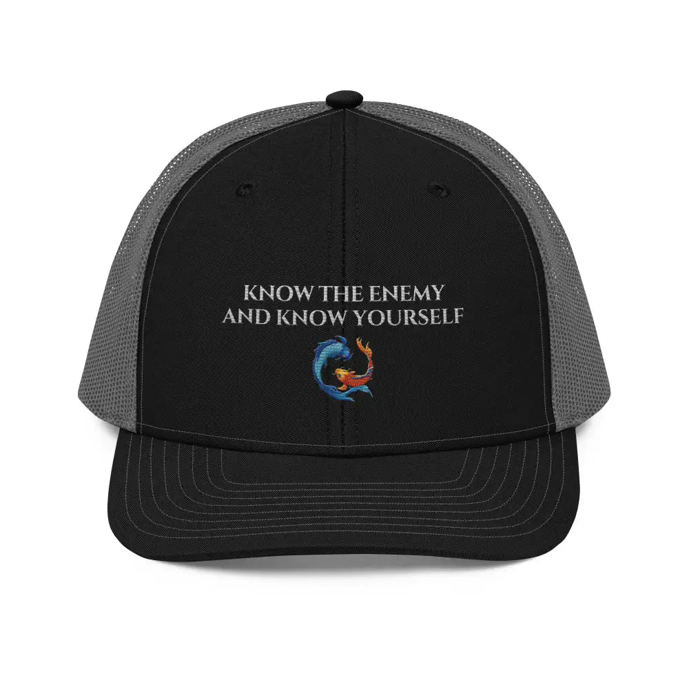 Black and grey Trini Skies koi fish hat with bold embroidery