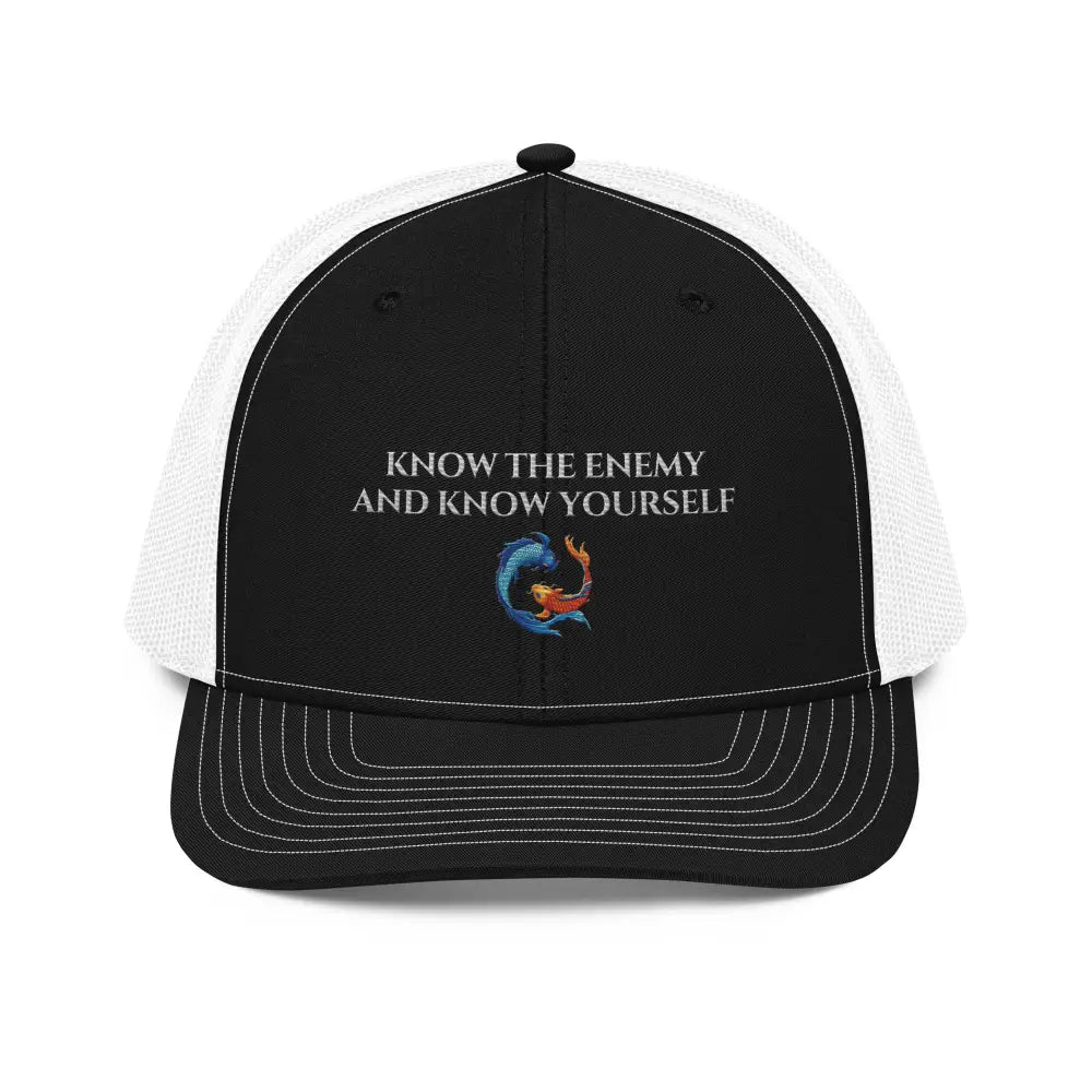 Black and white Trini Skies trucker cap with koi fish hat bold embroidery
