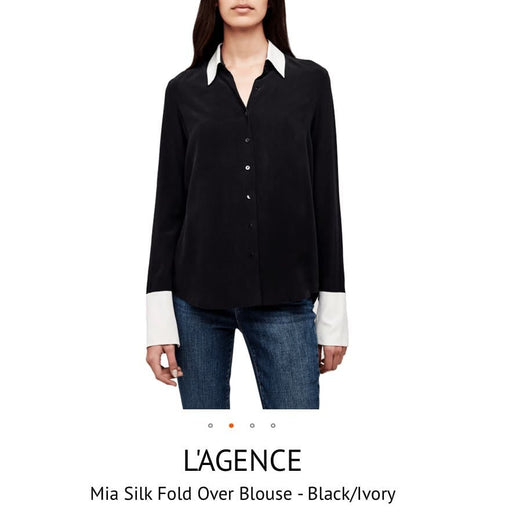 L&L Studio L'AGENCE Mia Silk Fold Over Blouse * Black/Ivory, Size XS MSRP $491 WOM807