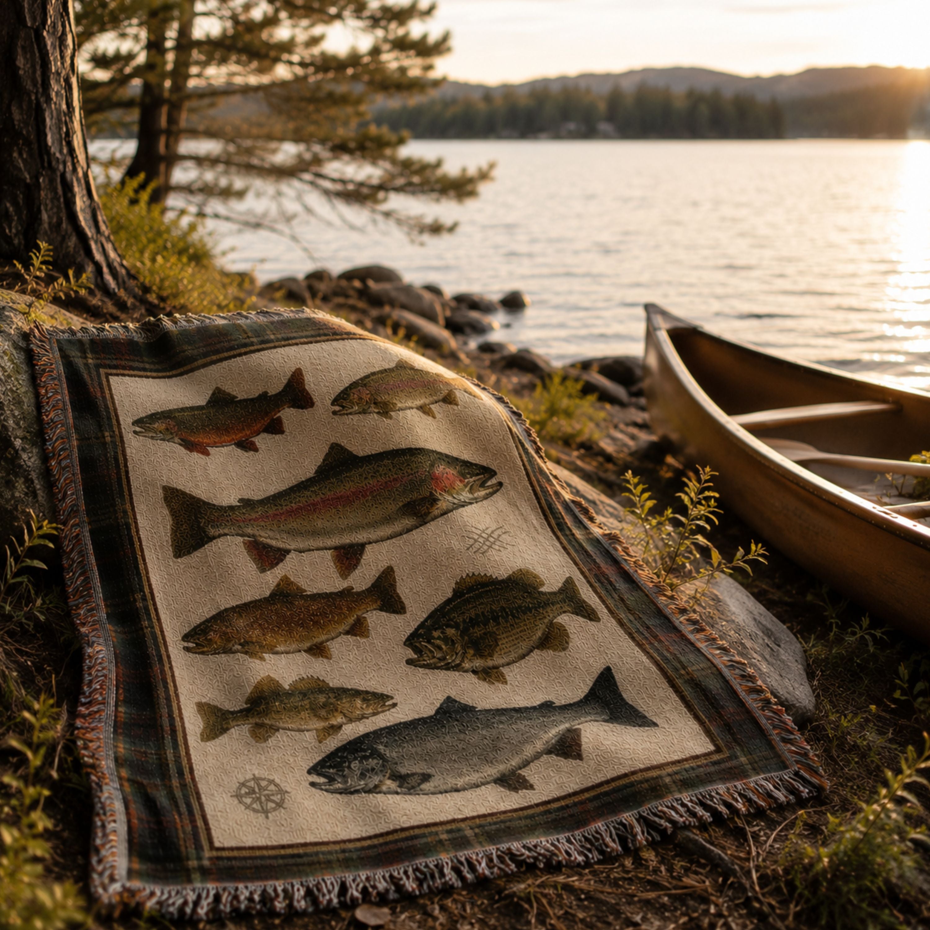 The Watershed multi-species fishing throw blanket displayed near a canoe at the water's edge, showing the woven trout and bass design — Trini Skies