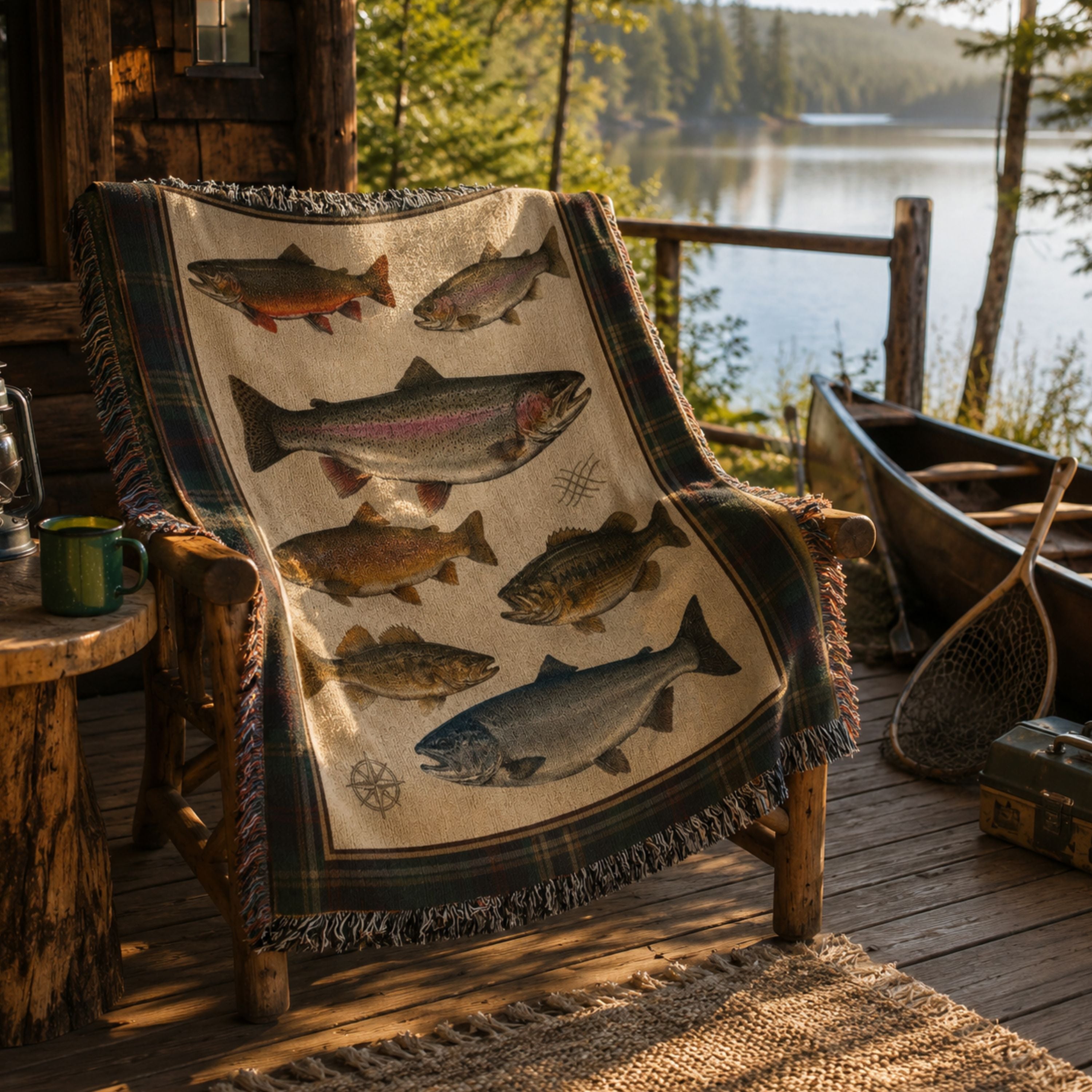 The Watershed multi-species fishing throw blanket draped over a wooden chair in a rustic cabin, showing the fish design and fringe trim — Trini Skies