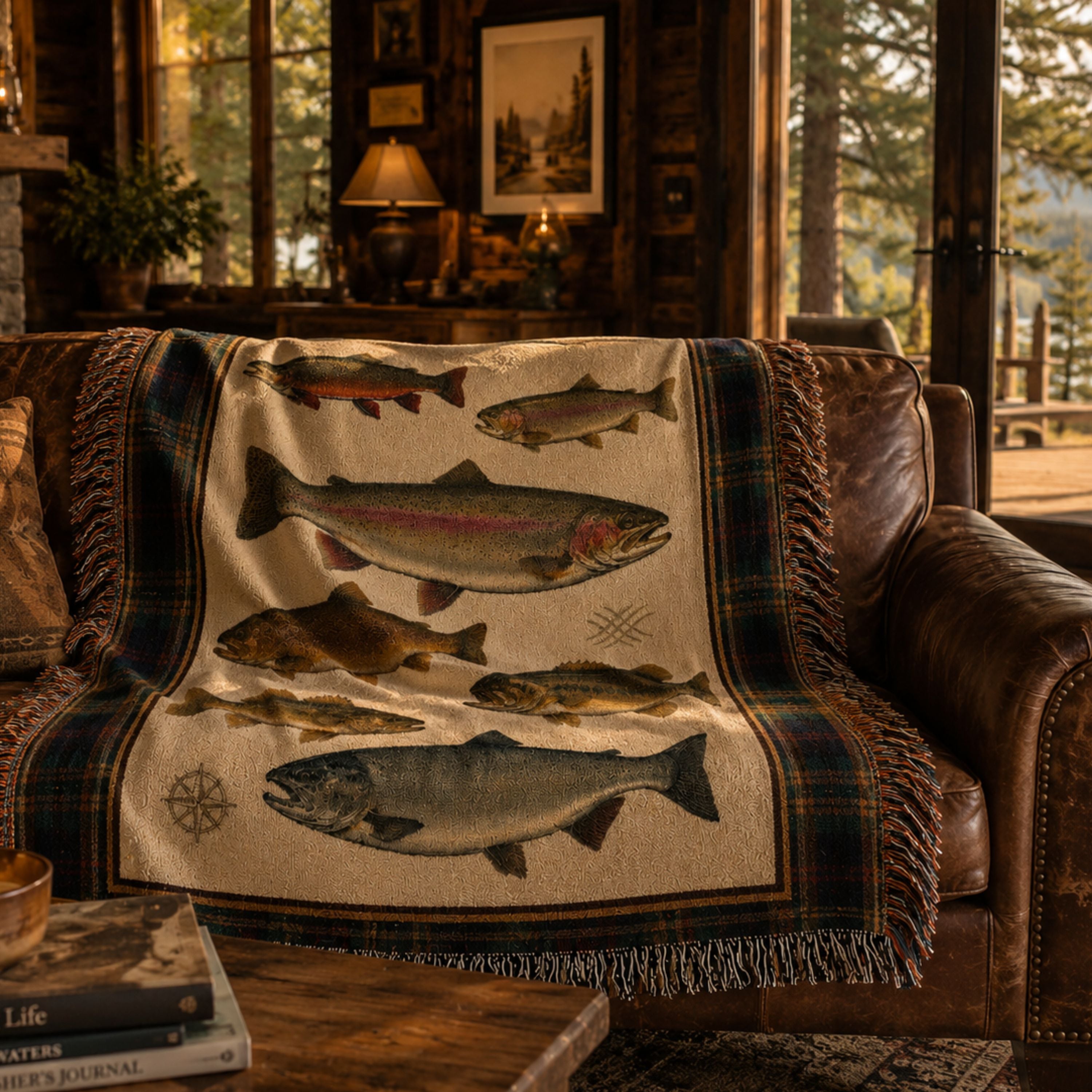 The Watershed multi-species fishing throw blanket draped over a leather couch in a cabin living room, showing the woven fish design — Trini Skies