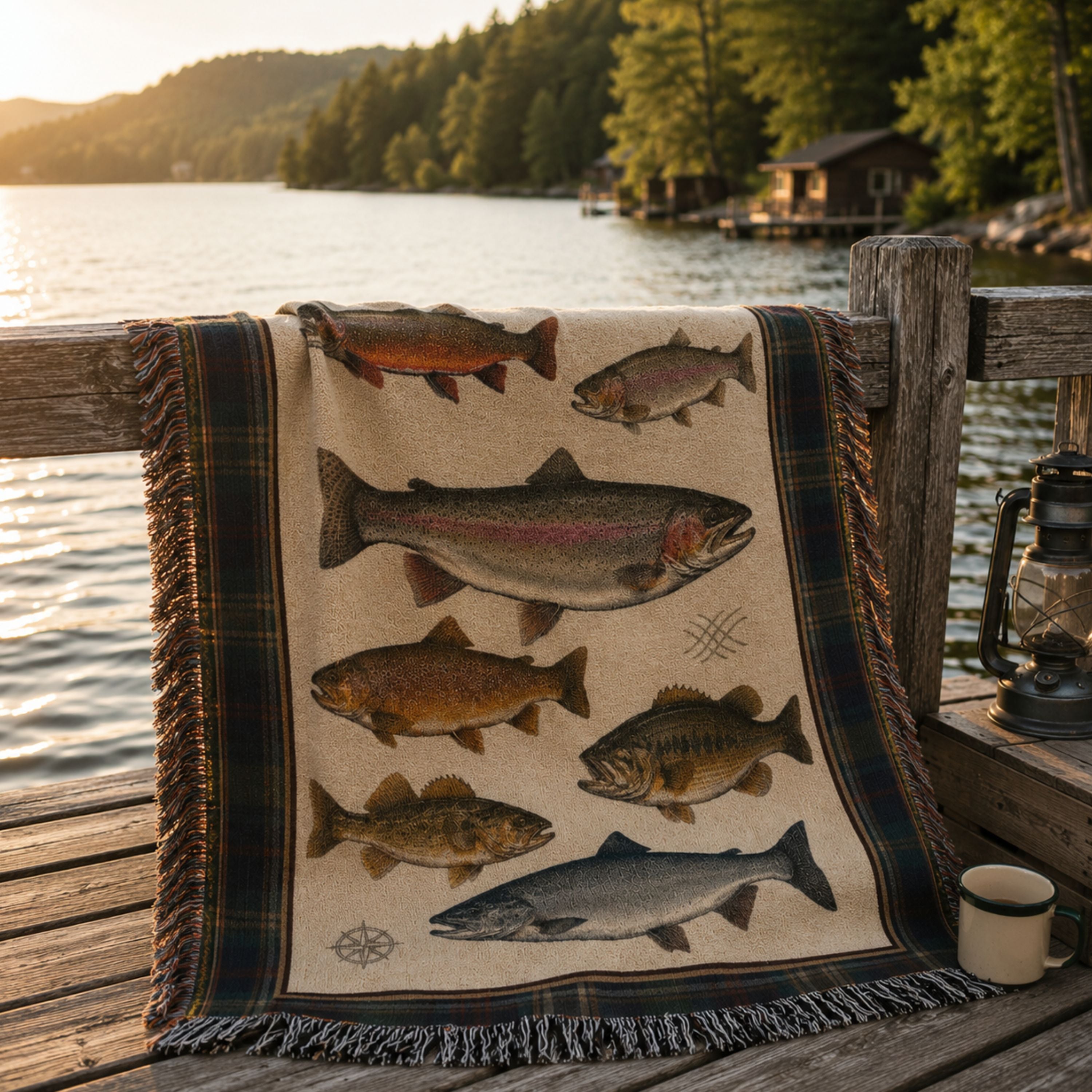The Watershed multi-species fishing throw blanket displayed near a lake pier, showing the woven fish design and multicolor fringe — Trini Skies