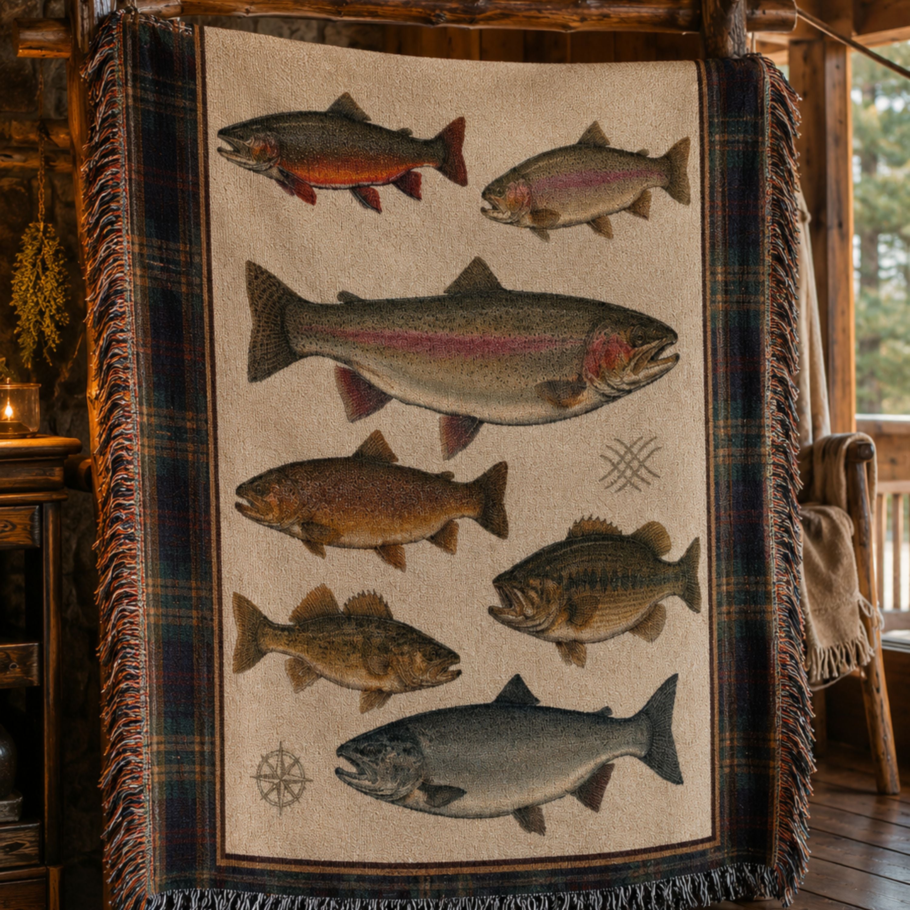 The Watershed multi-species fishing throw blanket hanging on a wooden rack in a cabin setting, showing the full trout and bass design — Trini Skies