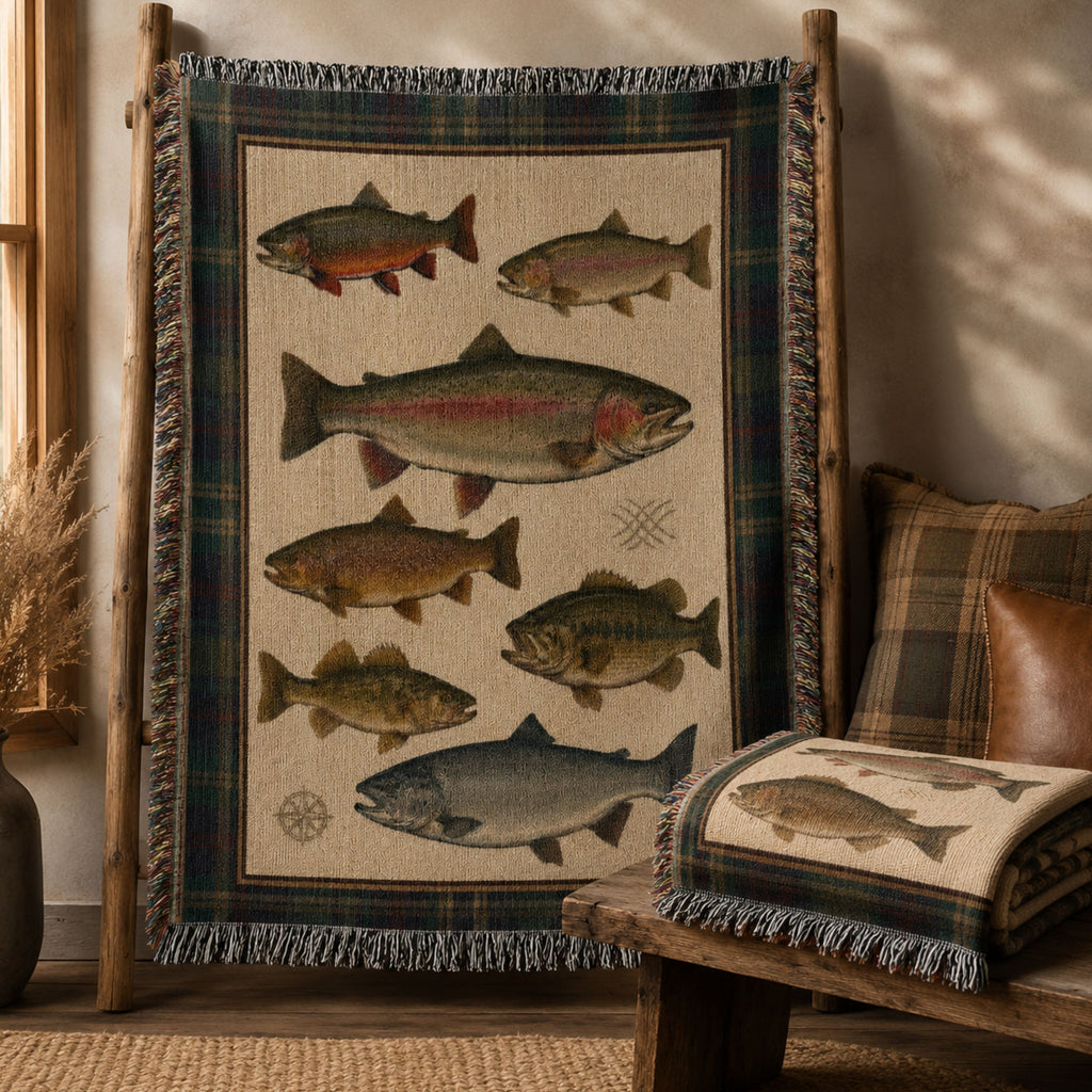 The Watershed multi-species fishing throw blanket on a rustic display rack, showing the full trout, bass, and lake trout design — Trini Skies
