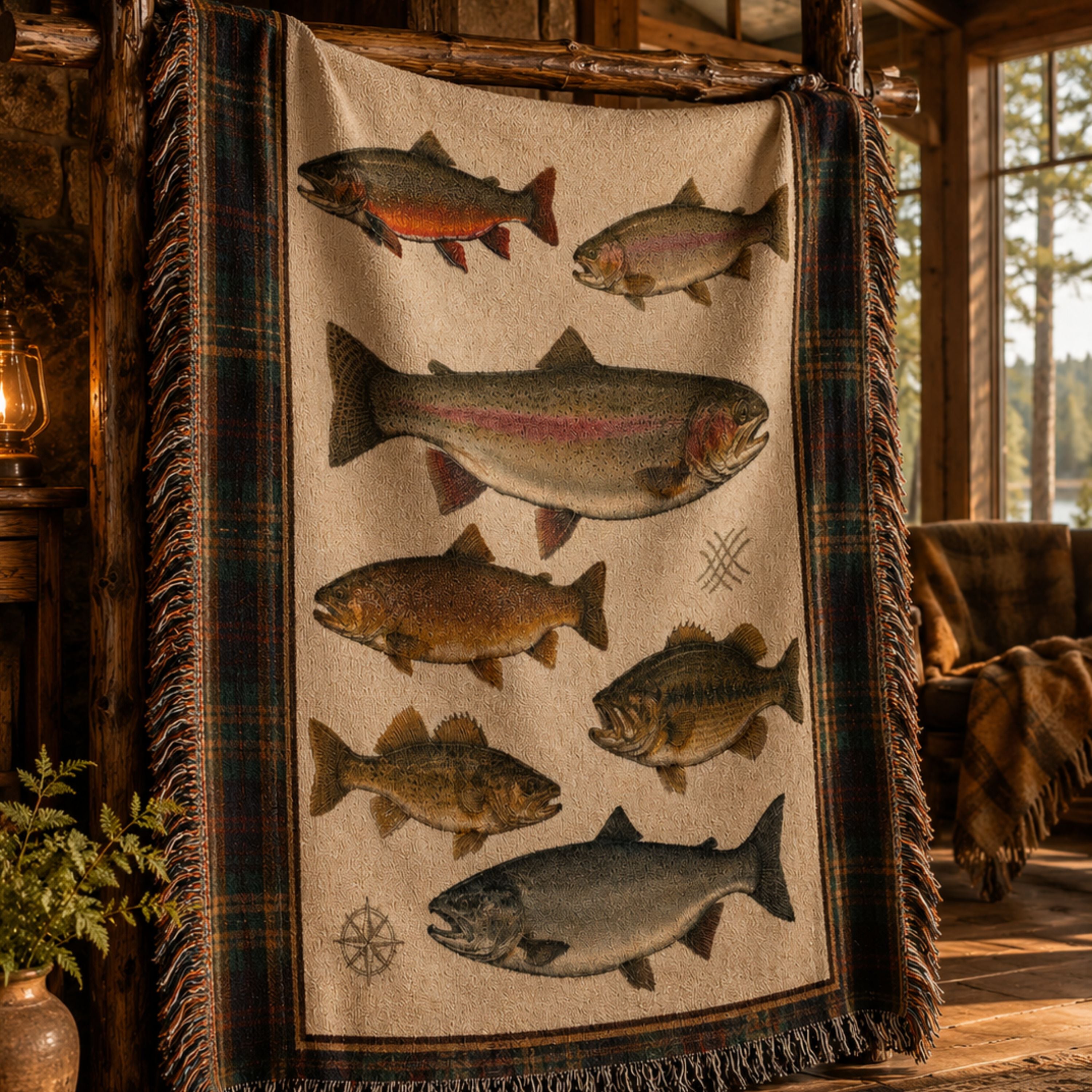 The Watershed multi-species fishing throw blanket hanging on a rustic wooden rack in a cozy cabin interior, showing the woven trout and bass design — Trini Skies