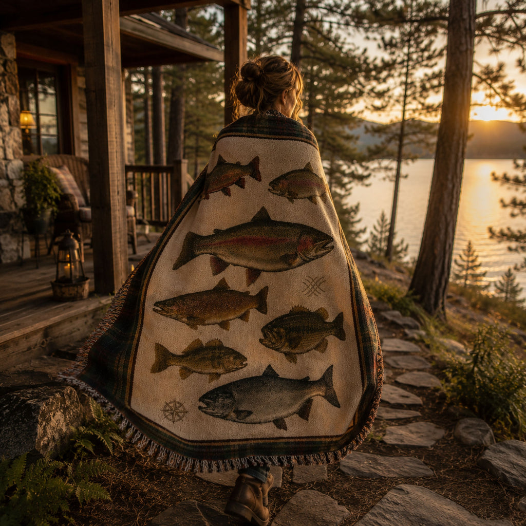 Woman with The Watershed multi-species fishing throw blanket beside a river, showing the woven fish design and fringe detail — Trini Skies