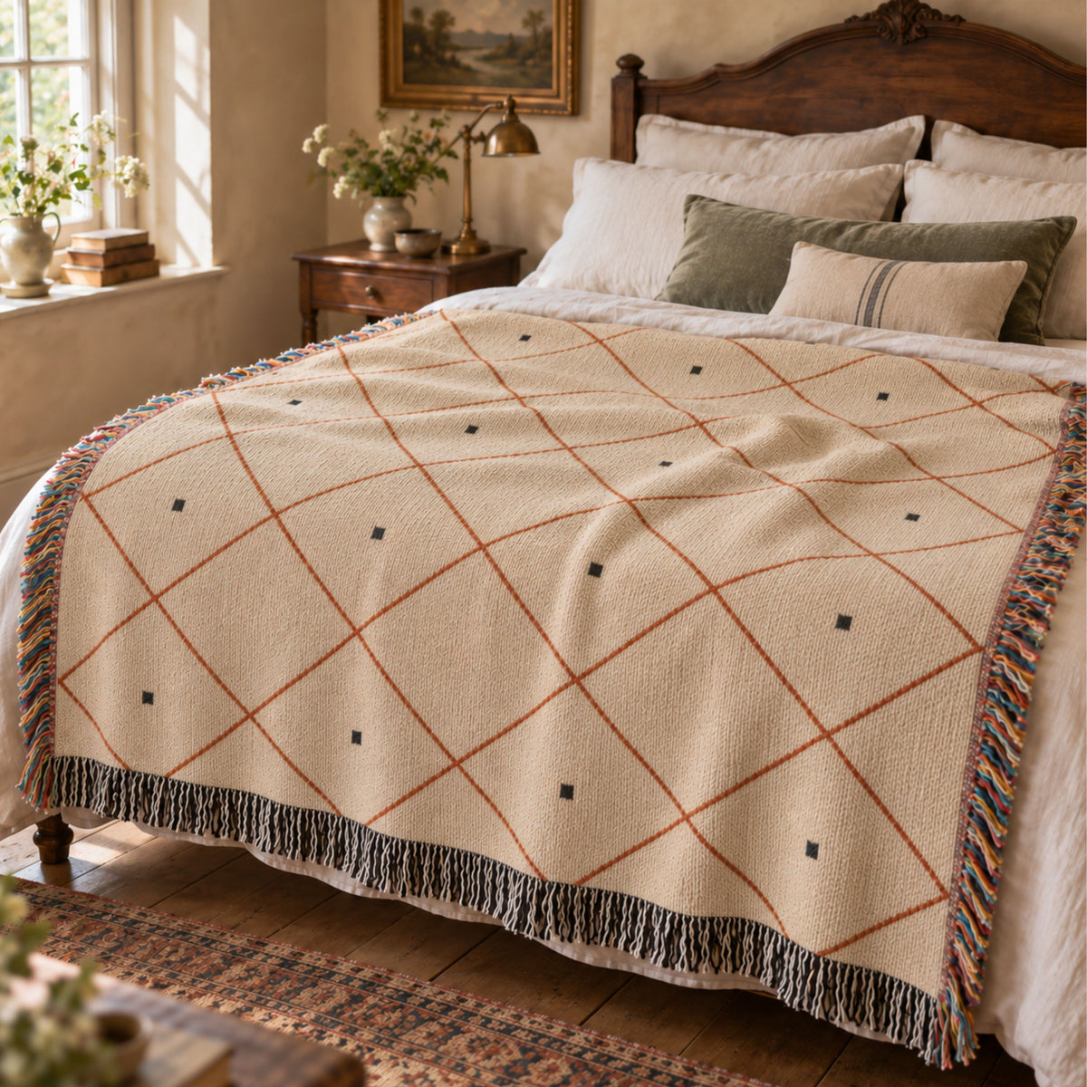 Diamond lattice rust and cream heirloom woven cotton throw blanket with multicolor fringe folded at the foot of a bed for southwestern-inspired decor