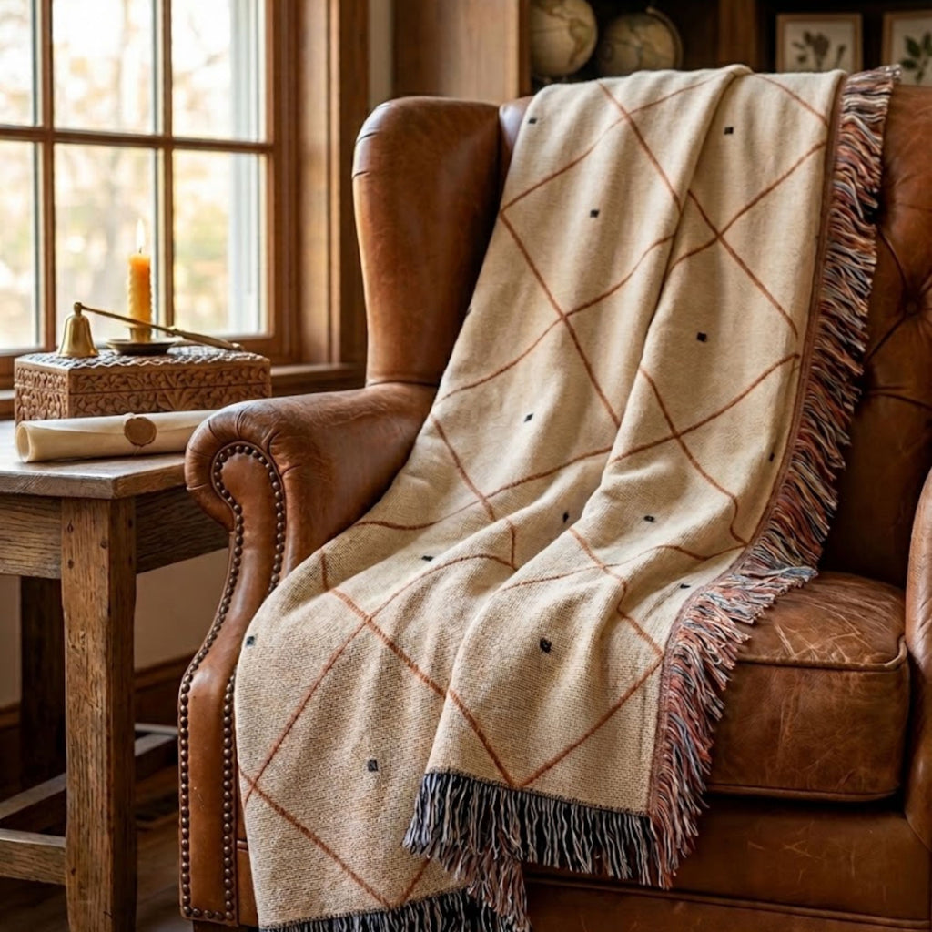 Diamond lattice cotton throw blanket with woven fringe draped over an upholstered accent chair