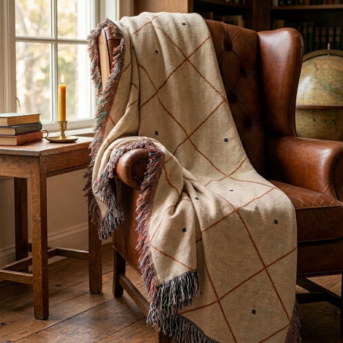 Rust and cream diamond lattice woven throw blanket draped over a brown leather wingback chair