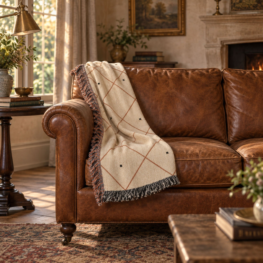 Diamond lattice woven cotton throw blanket in rust and cream draped over a dark green leather sofa
