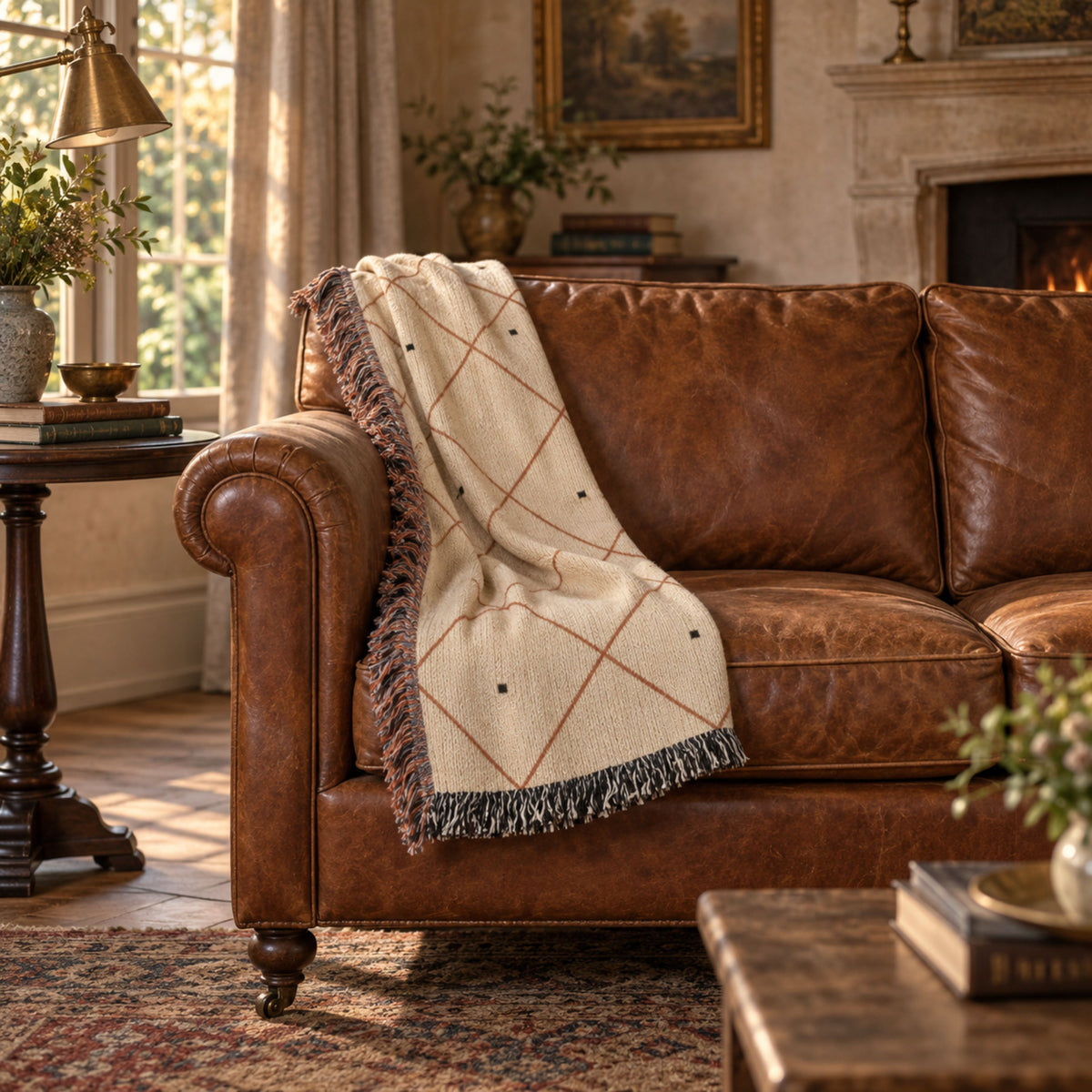 Diamond lattice woven cotton throw blanket in rust and cream draped over a dark green leather sofa