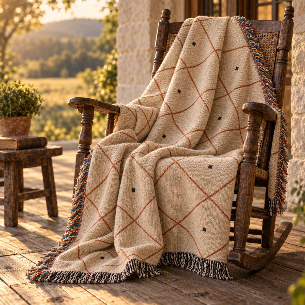 Diamond lattice rust and cream heirloom jacquard woven cotton throw blanket with multicolor fringe draped over a wooden rocking chair on a porch at golden hour