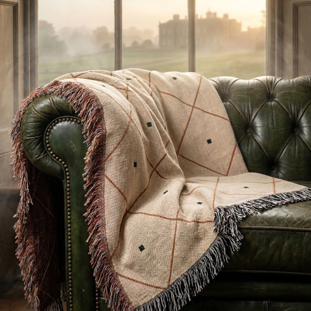 Rust and cream diamond lattice cotton throw blanket with woven fringe draped over a cream sofa