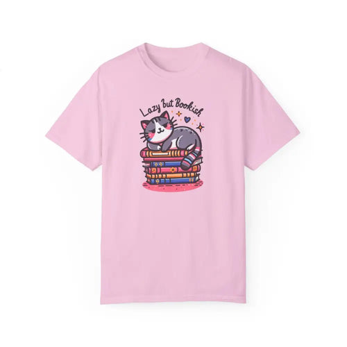 Bookish adorable cat graphic tee with pink t-shirt and cartoon cat on books