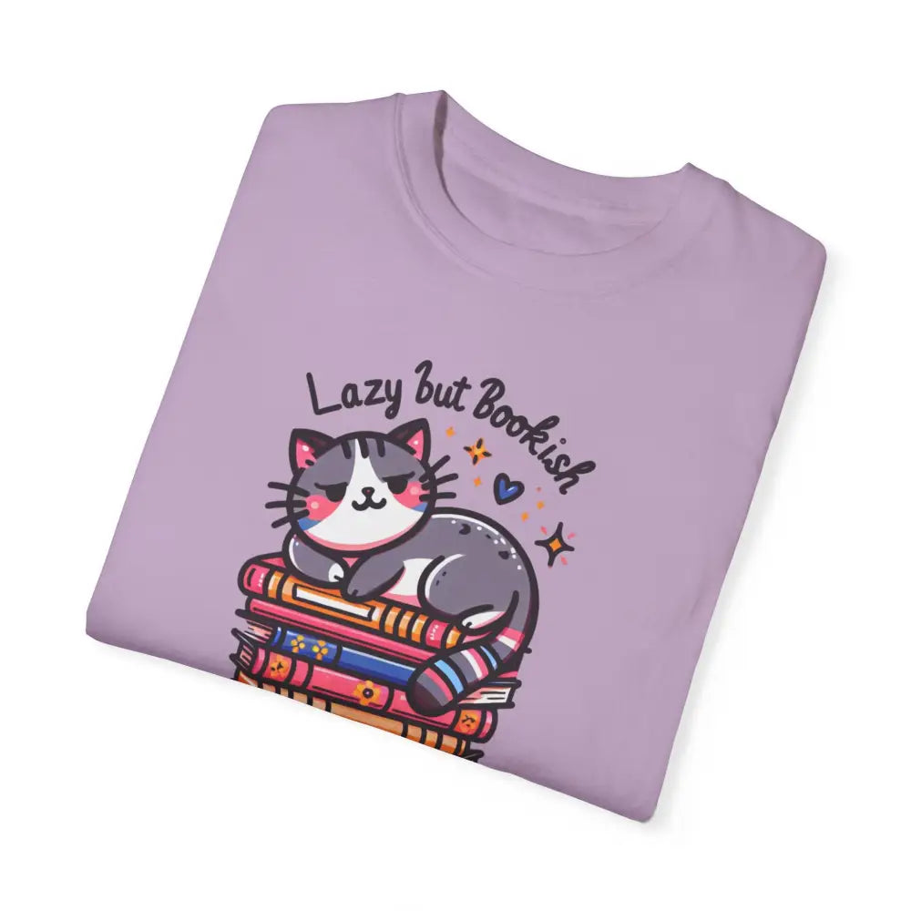 Bookish adorable cat graphic on lavender cotton t-shirt