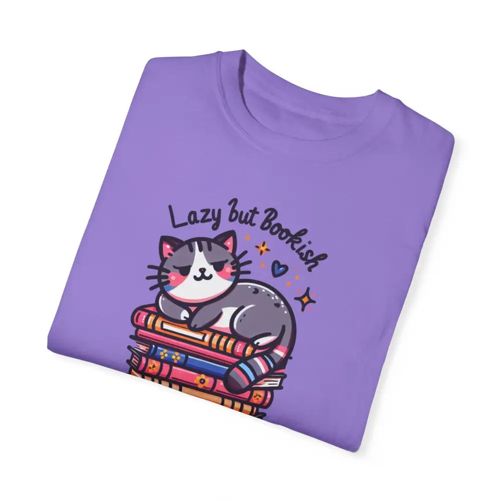 Bookish adorable cat graphic tee with sleeping cat on books