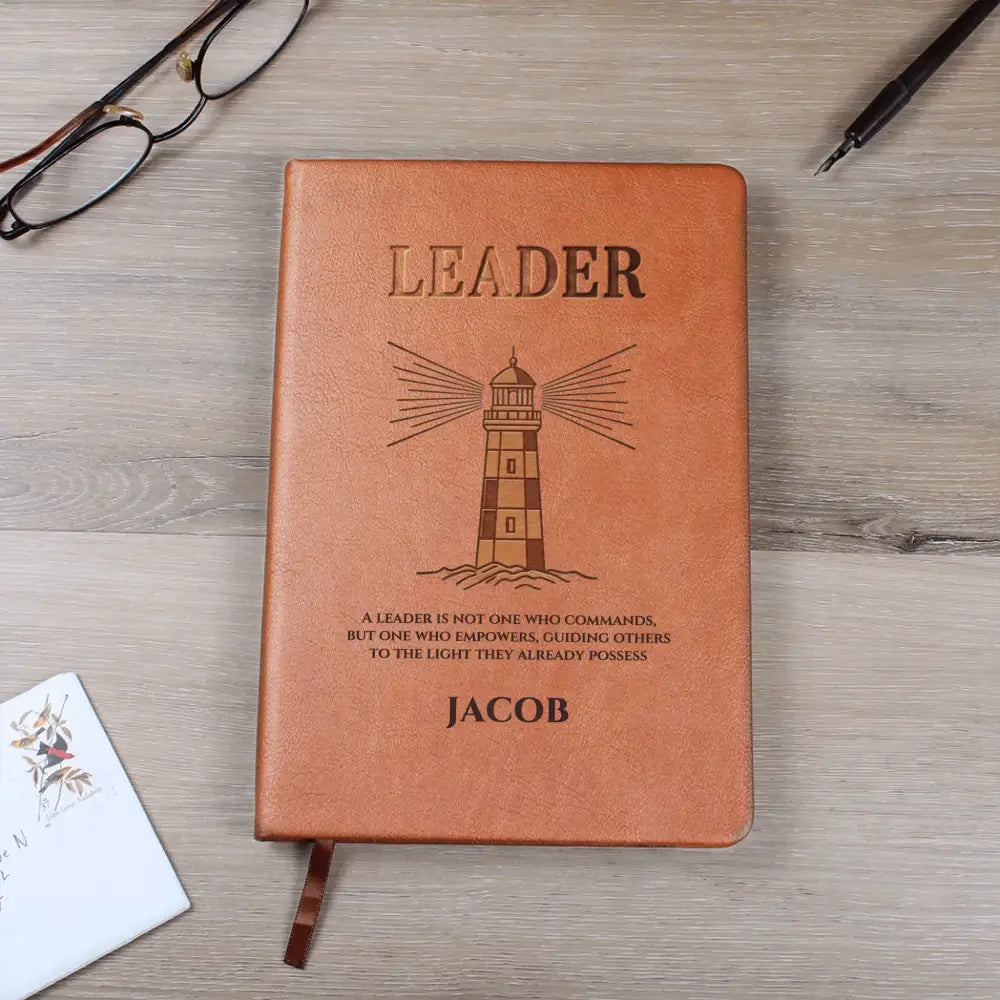 Personalized brown leatherette leader journal with lighthouse design