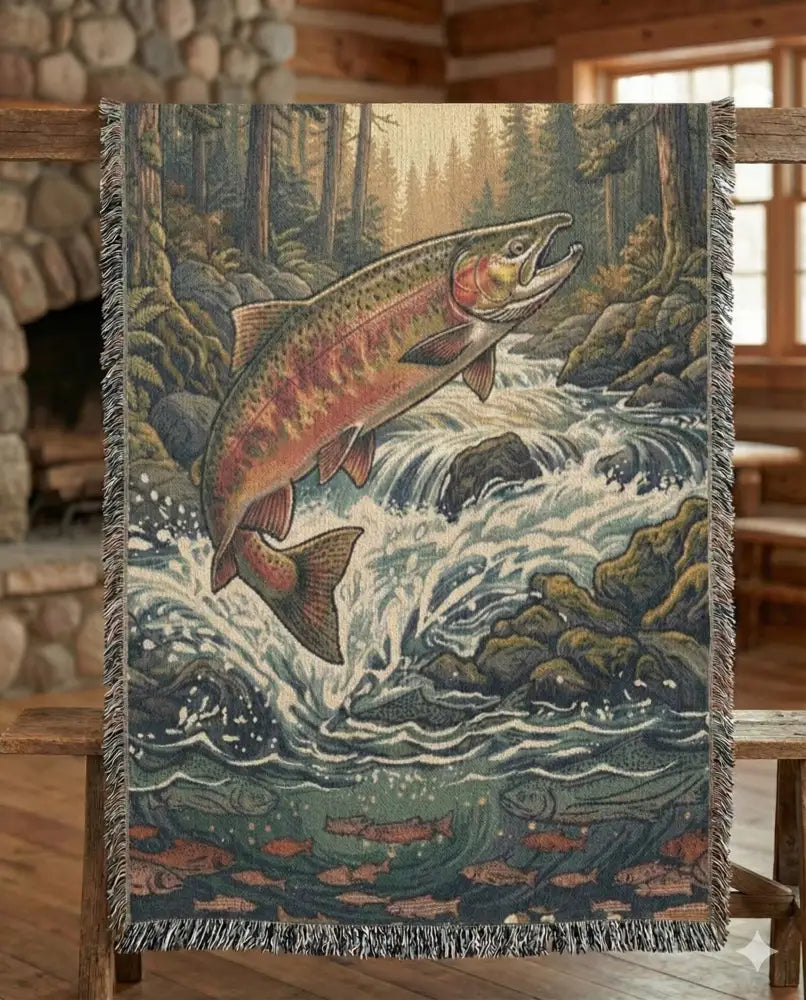 Leaping rainbow trout woven tapestry throw with river king fishing decor