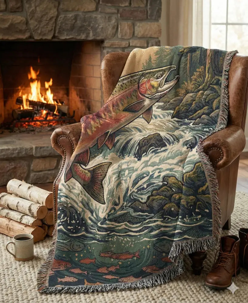 Leaping rainbow trout woven tapestry throw with river king fishing decor