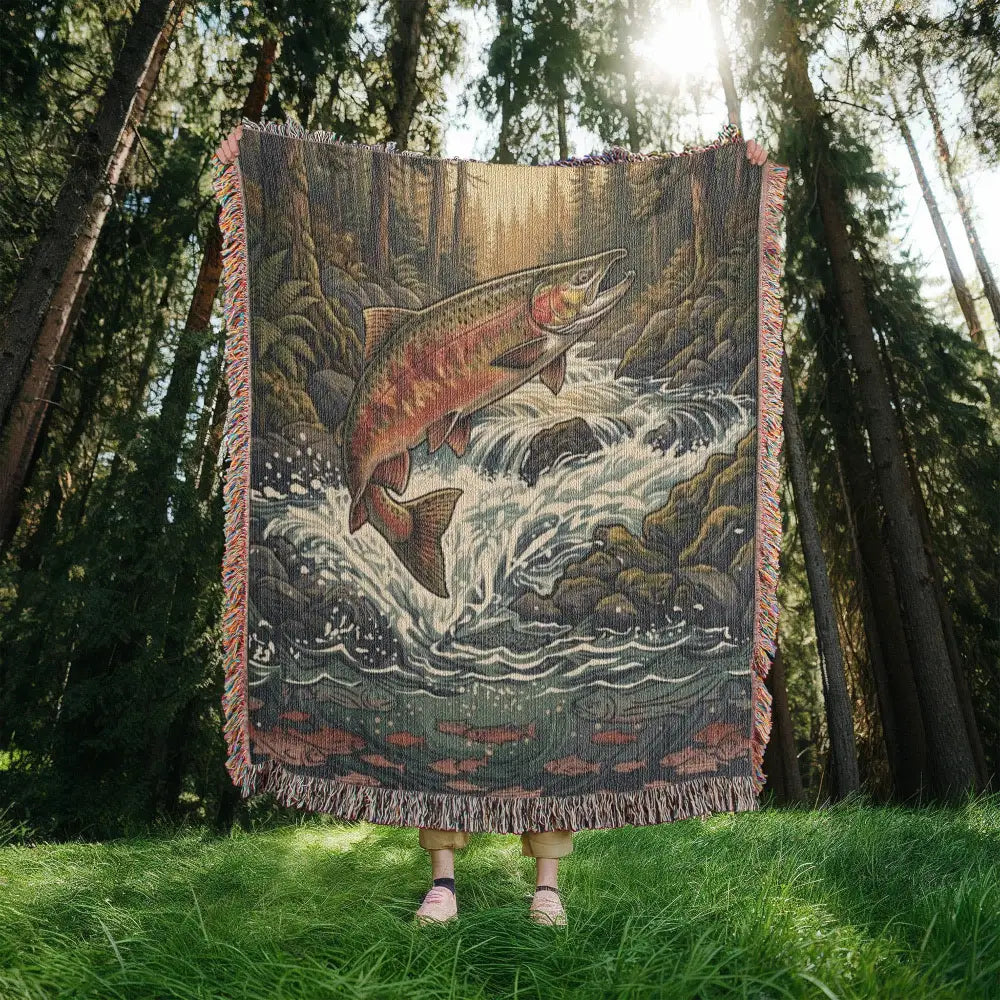 Leaping rainbow trout woven tapestry throw with river king fishing decor