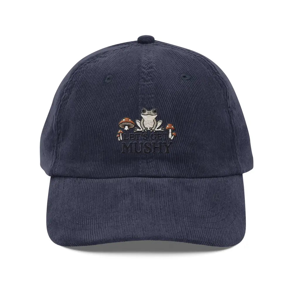 Trini Skies mushy embroidered vintage corduroy cap with frog and mushrooms