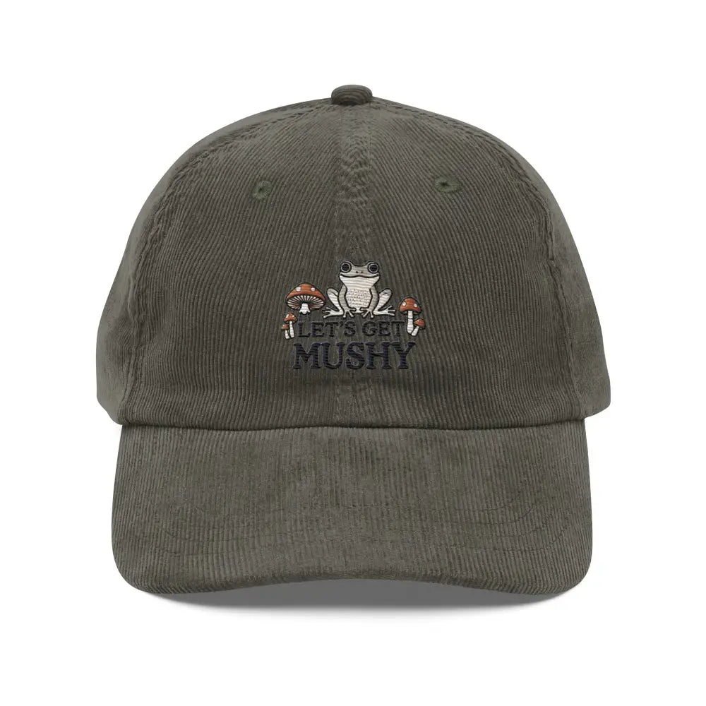 Dark green Trini Skies mushy embroidered vintage corduroy cap with frog and mushrooms