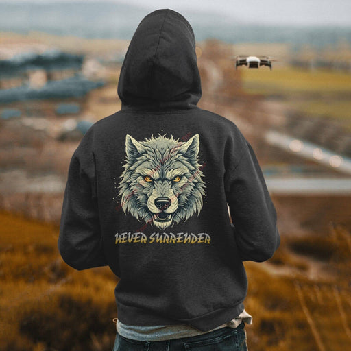 Light Flight TriniSkies Men's Never Surrender Wolf Graphic Hooded Drawstring Sweatshirt