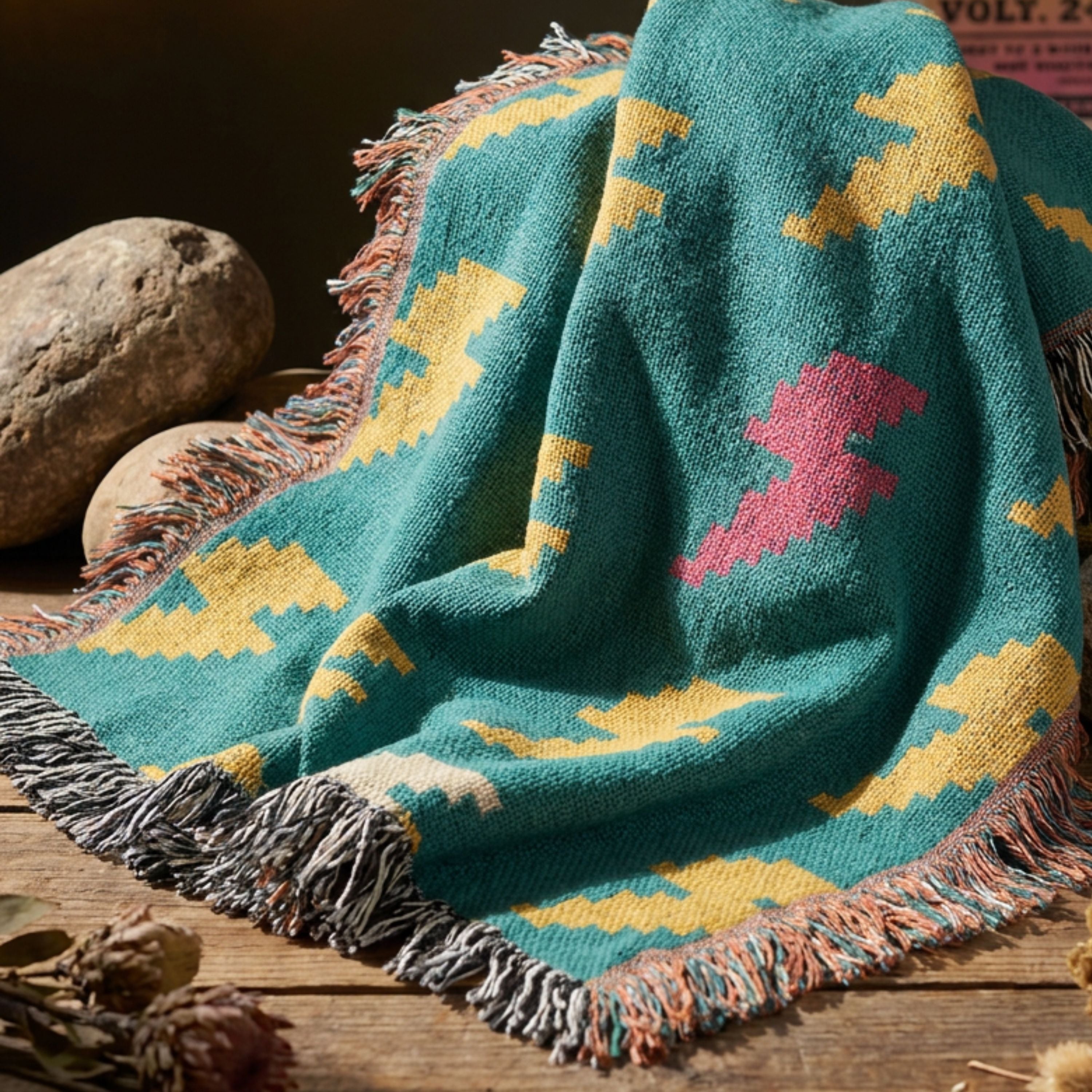 Bolt Field woven cotton throw blanket in teal with mustard, cream, and pink lightning bolt scatter pattern, folded over furniture in a warm, cozy indoor setting — Trini Skies