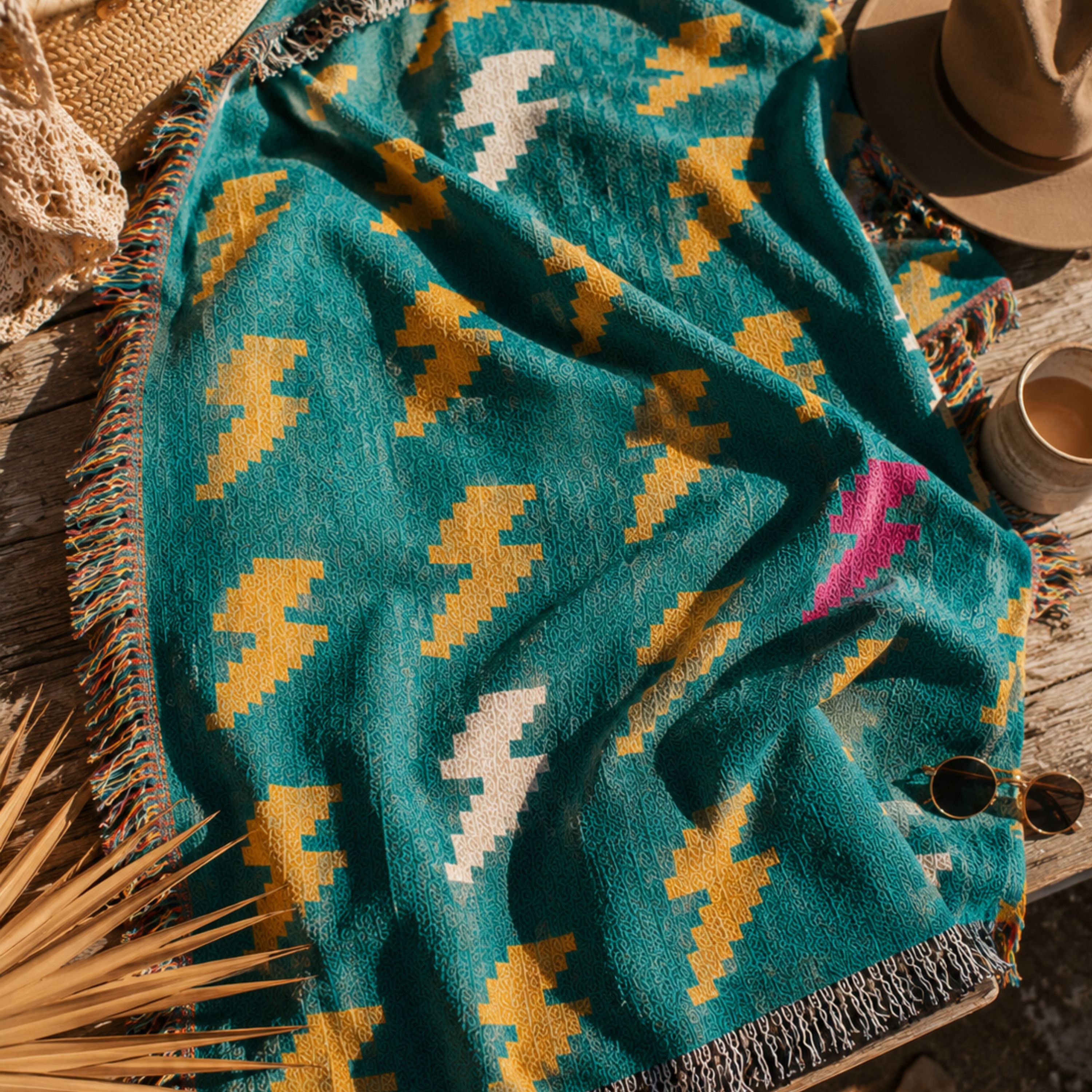 Close-up of the Bolt Field woven cotton throw blanket in teal with mustard, cream, and pink lightning bolts, bunched to show the jacquard weave texture in warm indoor light — Trini Skies
