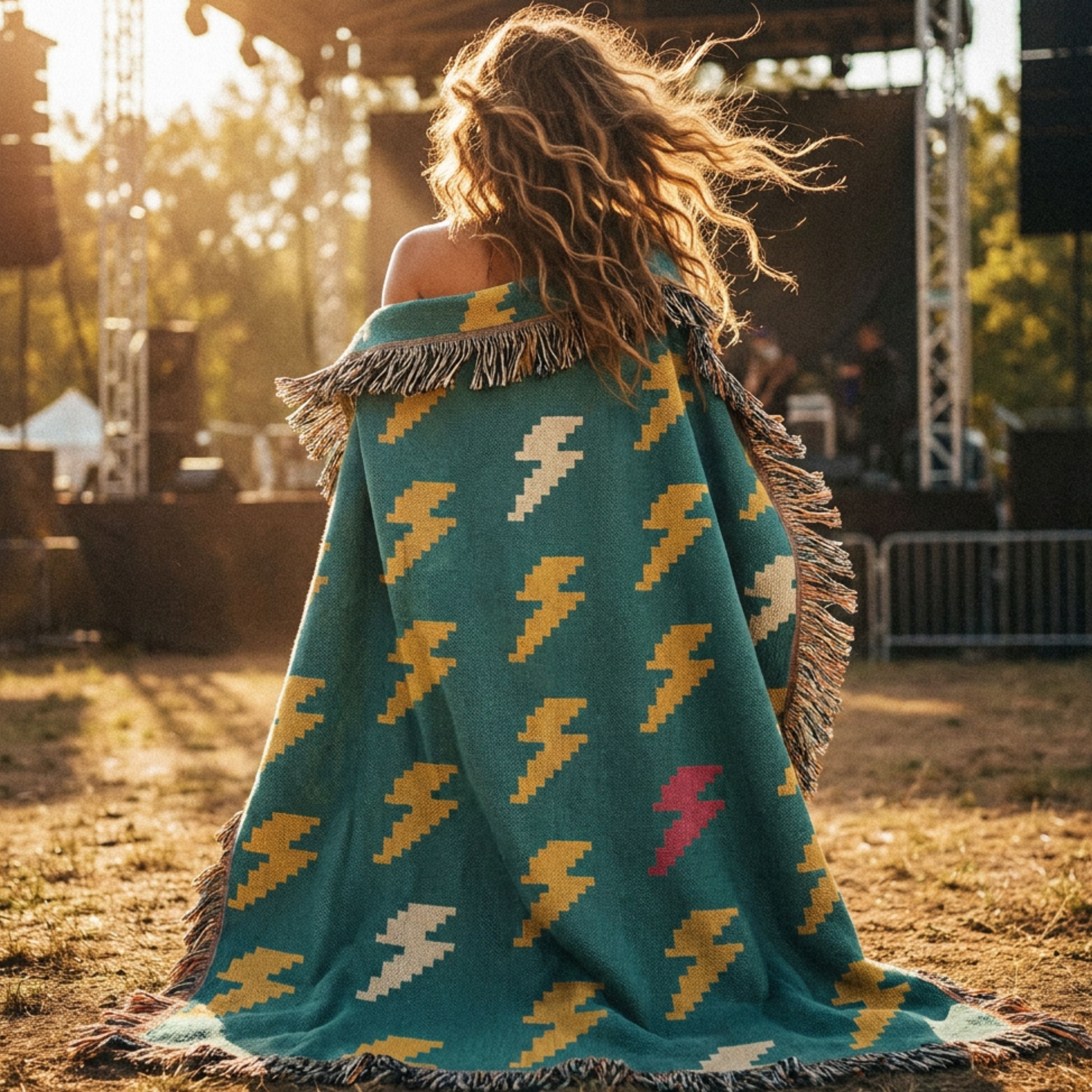 Woman wrapped in the Bolt Field woven cotton throw blanket, mustard, cream, and pink lightning bolts on a teal ground, standing before an outdoor concert stage at golden hour, string lights and blue sky overhead, multicolor fringe trailing — Trini Skies