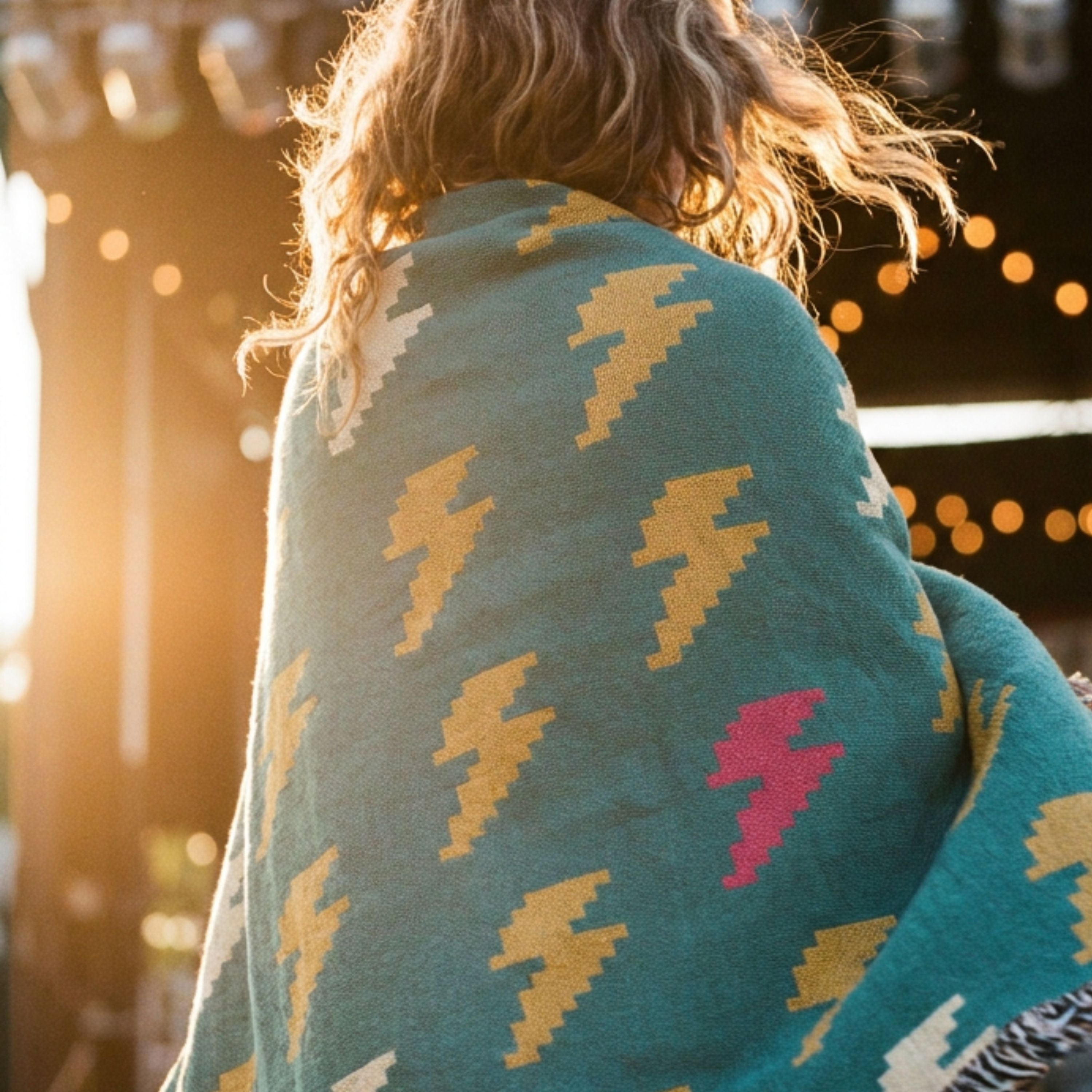Woman wrapped over one shoulder in the Bolt Field woven cotton throw blanket, mustard, cream, and pink lightning bolts on teal, warm golden-hour light and wind-blown hair — Trini Skies