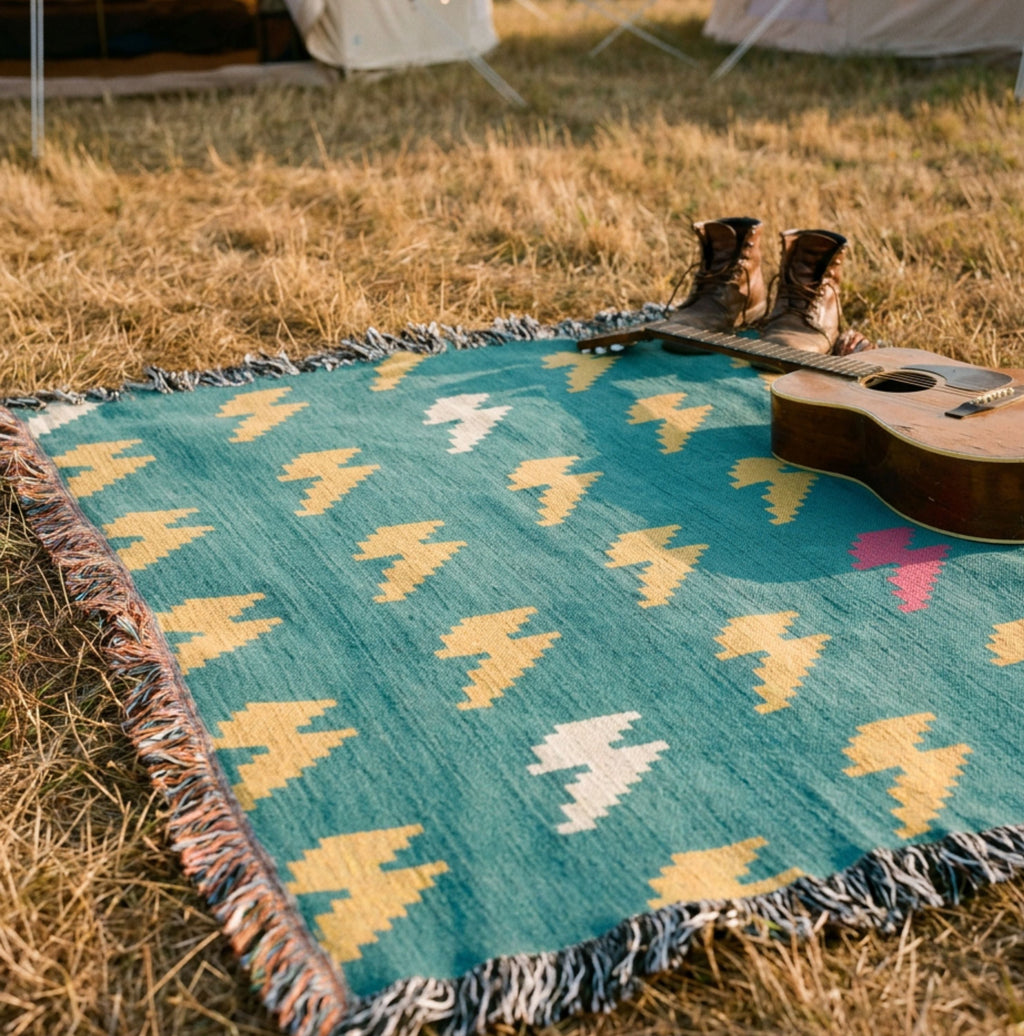Bolt Field woven cotton throw blanket in teal with mustard, cream, and pink lightning bolt scatter pattern, laid flat outdoors on grass with boots at the edge of a festival campsite — Trini Skies