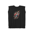 Black lightning bolt heart women’s muscle tee with colorful planets