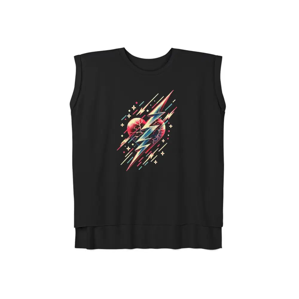 Black lightning bolt heart women’s muscle tee with colorful planets