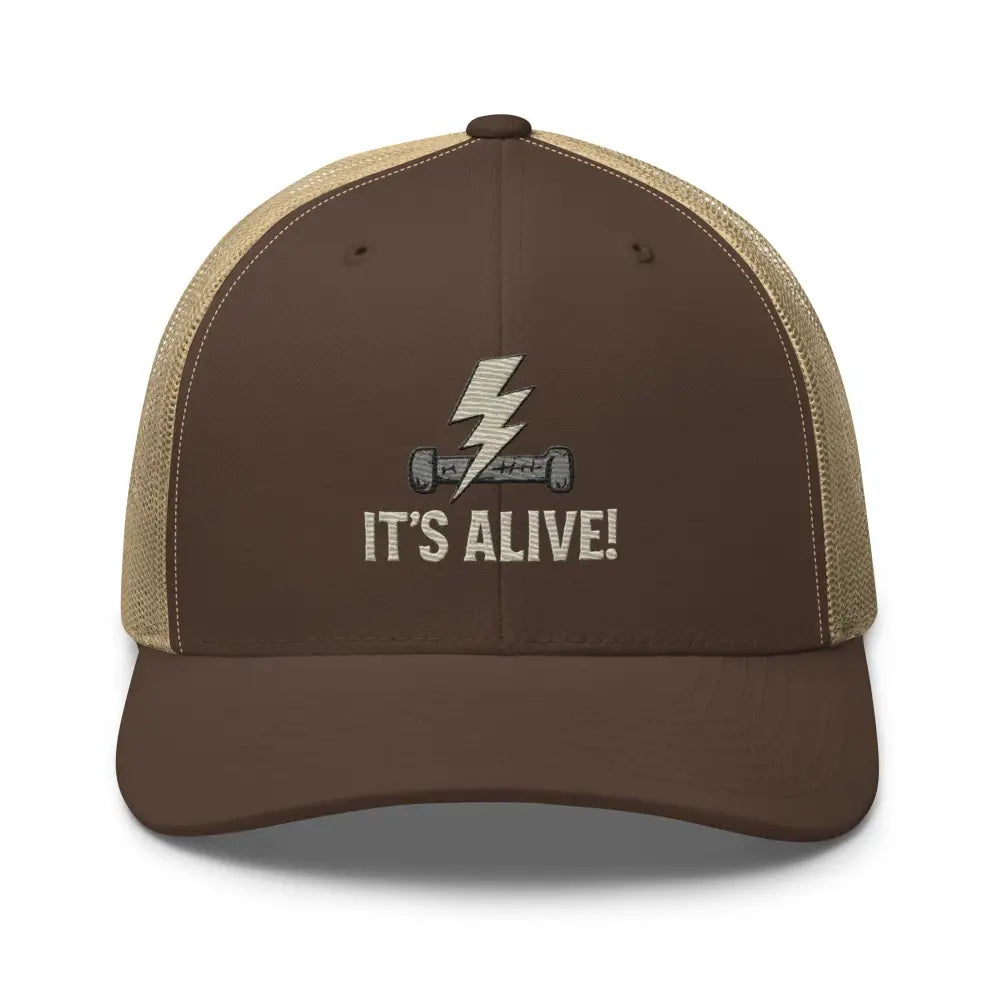 Brown Trucker Hat with Embroidered Lightning Bolt and It’s Alive Design