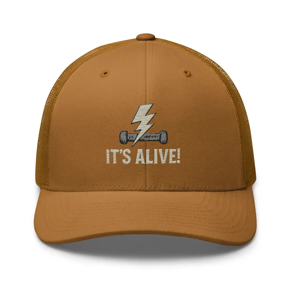 Brown Lightning Bolt Dumbbell Embroidered Trucker Hat