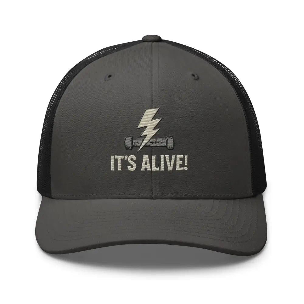 Dark gray Frankenstein Lightning Bolt trucker hat with embroidered dumbbell