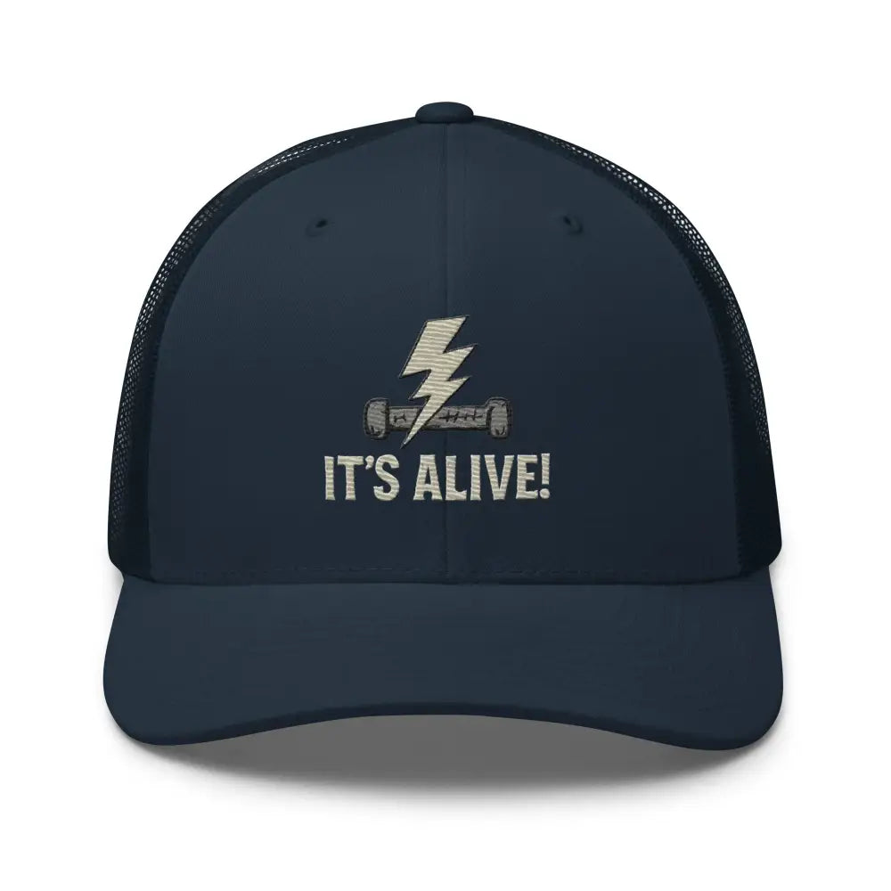 Navy blue Frankenstein trucker hat with white lightning bolt and It’s Alive embroidery