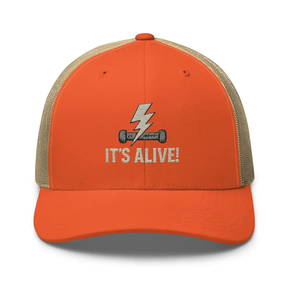 Lightning Bolt Frankenstein trucker hat with dumbbell resistor graphic embroidered