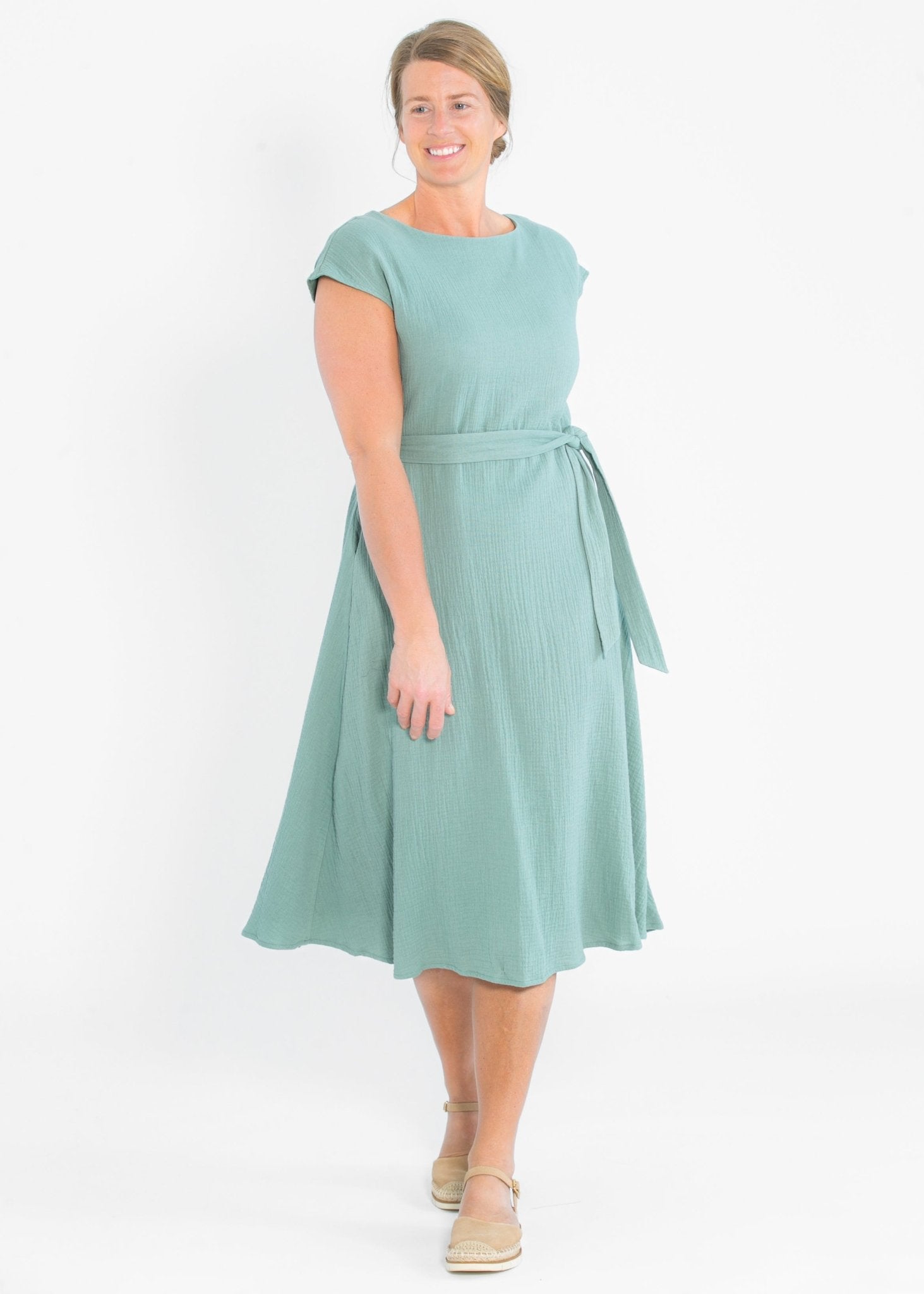 Lily Gauze Belted Midi Dress | 100% Cotton | Eucalyptus Green - Triniskies