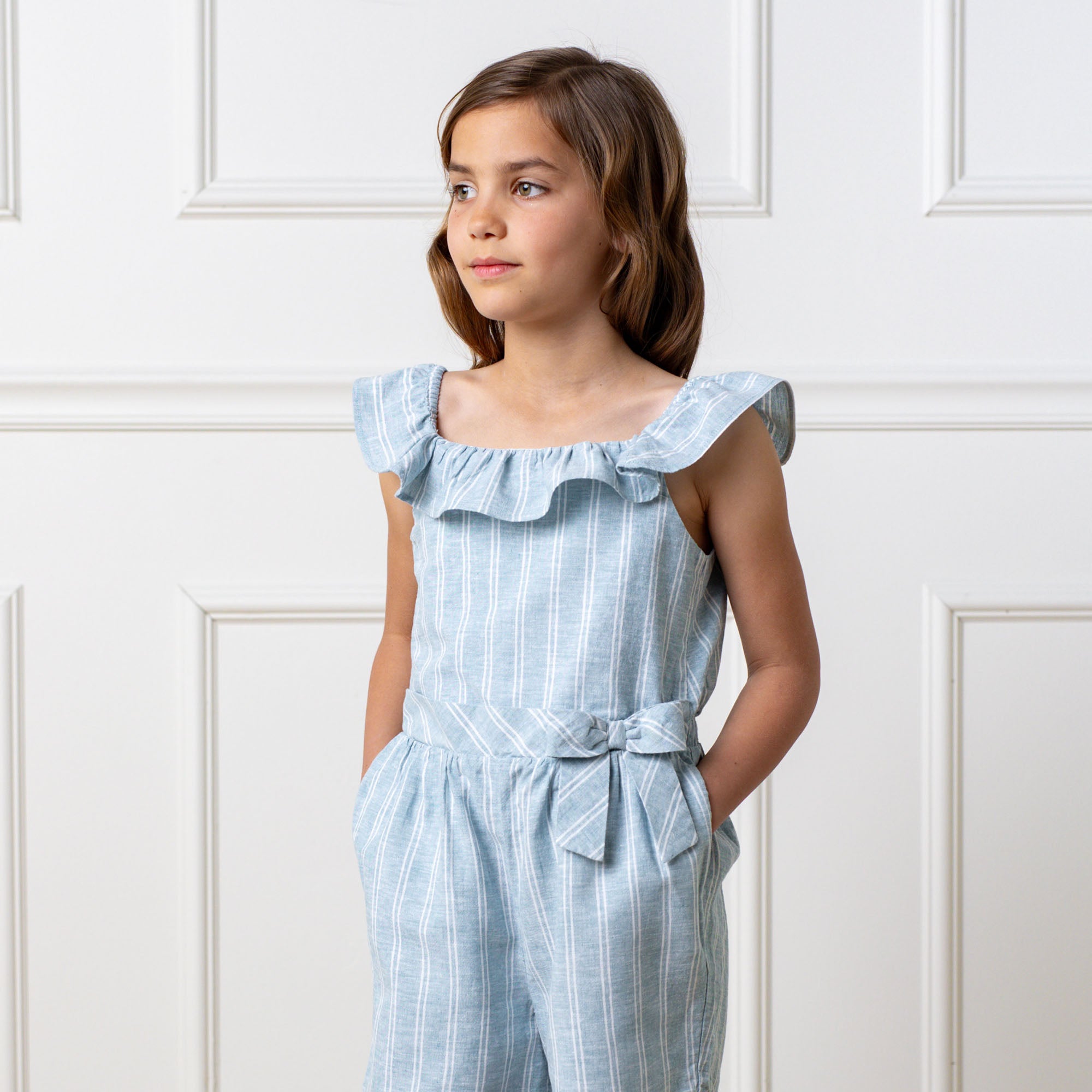 Linen Ruffle Collar Romper – Striped Summer One - Piece for Girls - Triniskies